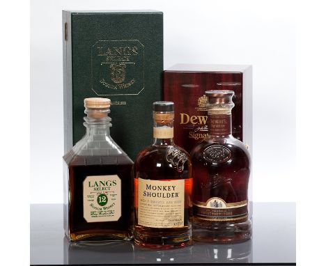 DEWAR'S SIGNATURE Blended Scotch Whisky, bottle no. A 29411. 70cl, 43% volume, in wood box. LANG'S SELECT 12 YEAR OLD KILN DE