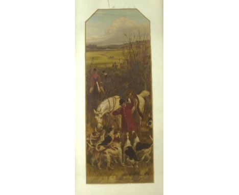 After W H Hopkins: a print of a hunting scene, blind stamped A. Ackerman, London, 1819, overpainted in oils, 69 by 26cm.