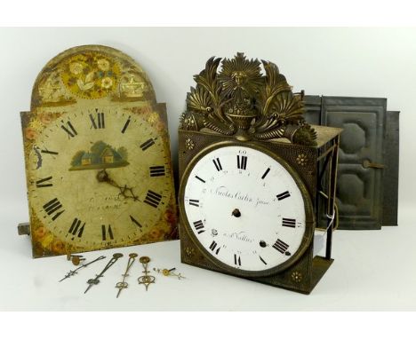 Two 19th century clock movements and dials: an English longcase movement and dial by Owston, Scarborough, with a painted nume