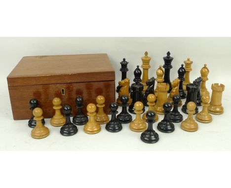 CATALOGUE AMENDMENT
An early 20th century Staunton chess set, probably by  F. H. Ayres, London, ebonised and natural wood, wi