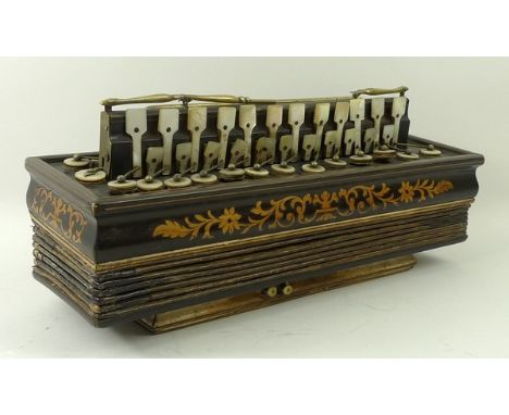 A Victorian accordion, ebony inlaid with boxwood with mother of pearl buttons, in a pine box.