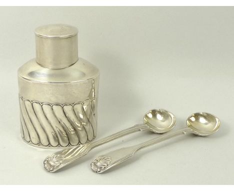A Victorian silver tea caddy of semi fluted form, Birmingham 1893, and a pair of early Victorian sauce spoons, Joseph and Alb