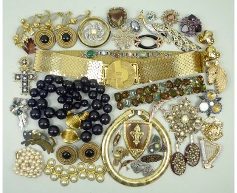 A quantity of costume jewellery including a Monet simulated pearl necklace, Butler & Wilson cross brooch, gilt scale belt, cr