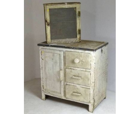 A white painted pine kitchen cupboard with enamel top, 76 by 45 by 76cm high, together with a metal meat safe with mesh doors