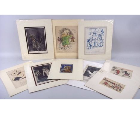 Louis Wain (1860-1939): early 20th century bookplate prints, some hand coloured, to include 1902 New Year, Nasty Medicine and