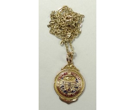 A 9ct gold and enamel pendant for the Amalgamated Society of Engineers, on a belcher link chain, 13.1g.