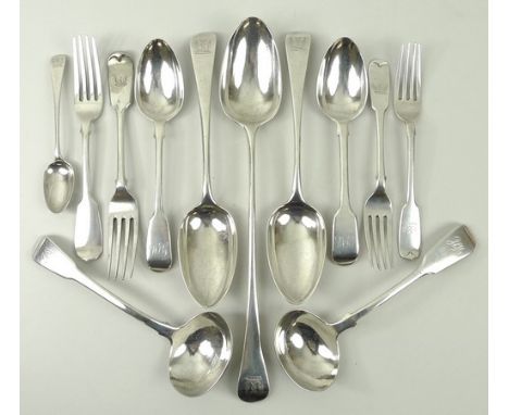A quantity of George III and later silver flatware, comprising; two sauce ladles, London 1829 and 1848, a gravy spoon, two se