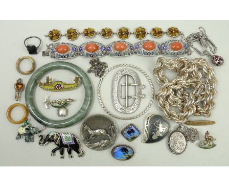 A quantity of silver vintage jewellery including a cloisonne and coral bracelet, a jade bangle, a silver bangle, a cloisonne 