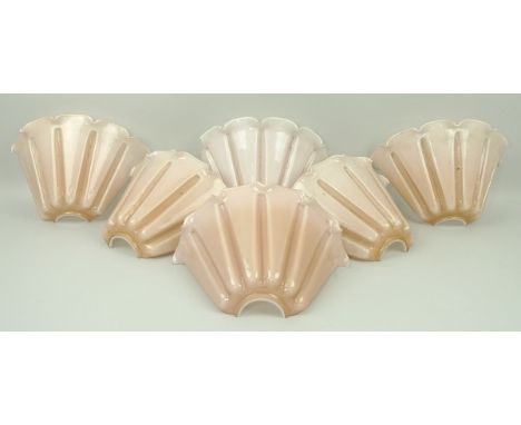 A set of six Art Deco pink glass up-lighter fluted wall light shades, 25 by 15cm. 