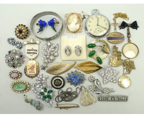 A quantity of costume jewellery, Masonic badge, Oris pocket watch and two enamel brooches for the LNER.