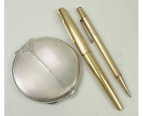 A rolled gold Parker pen, and a 'Yard-O-Led' rolled gold propelling pencil, and a silver compact, Walker and Hall, Birmingham