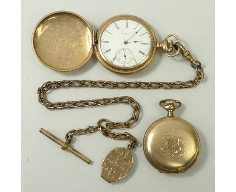 An Elgin lady's gold plated, keyless wind, hunting cased pocket watch, enamel dial bearing Roman numerals, subsidiary seconds