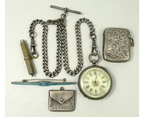 A Victorian lady's silver cased, open faced key wind pocket watch, the painted enamel dial bearing Roman numerals, engraved b