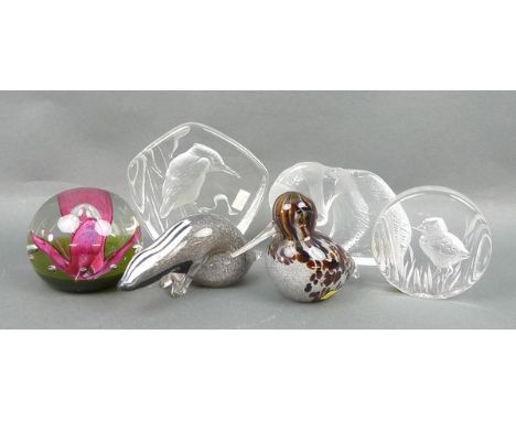 A group of glass paperweights, comprising; three Royal Krona clear glass weights, signed and numbered to the base, a Caithnes