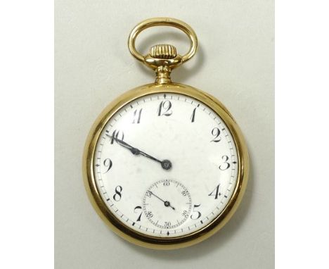 A gentleman's 18ct gold cased, open faced, keyless wind pocket watch, enamel dial bearing Arabic numerals, subsidiary seconds