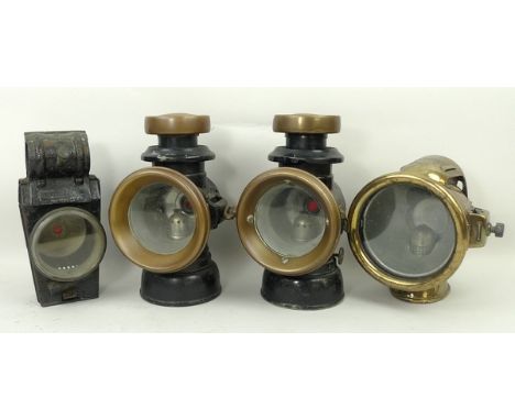 A group of car lamps, comprising a brass Hasag lamp, a Lucas King of the Road, No 143 lamp, and a Lucas King's Own No F143, b
