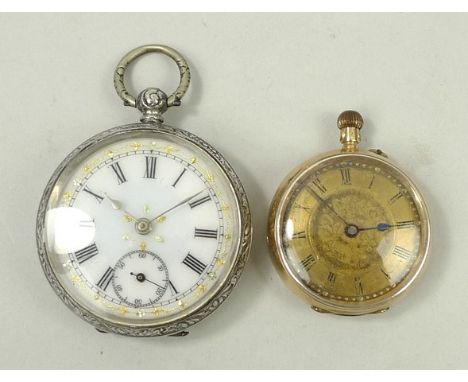 A Victorian lady's 14ct gold cased open faced, keyless wind pocket watch, foliate engraved dial bearing Roman numerals, folia