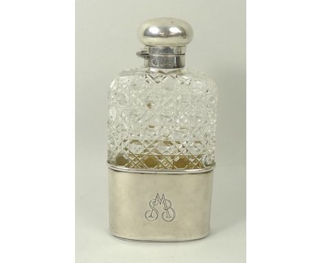 A Victorian silver mounted hobnail glass hip flask, Drew and Sons, London 1898, 14cm long. 