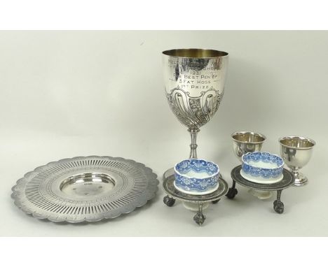 A Victorian silver pierced dish, William Wheatcroft Harrison, Sheffield 1868, two silver egg cups, Birmingham 1958, 7.05toz, 