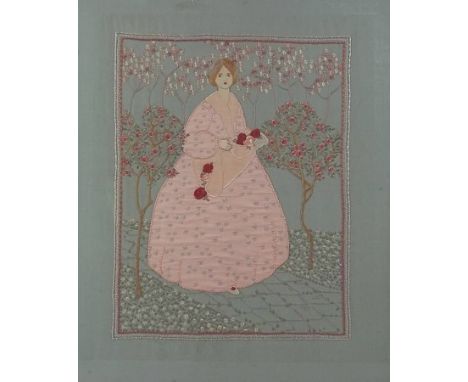 An Arts and Crafts silk embroidery of a lady with roses,  appliqued upon a pale green ground, the whole intricately decorated
