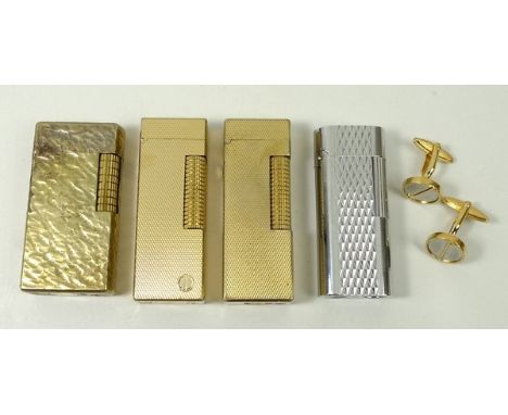 A group of three Dunhill lighters, a pair of Dunhill cufflinks, boxed, and a further lighter, boxed. 