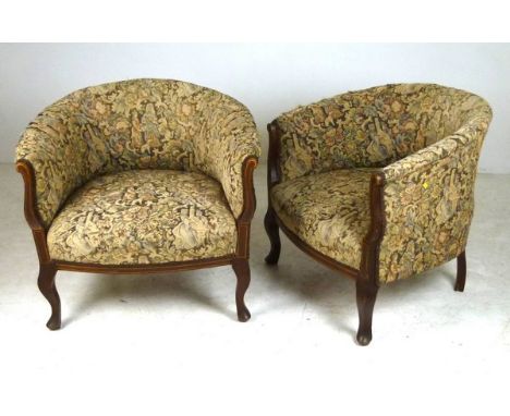 A pair of Edwardian tub chairs with tapestry upholstered back and seat, 73 by 66 by 71cm high. 