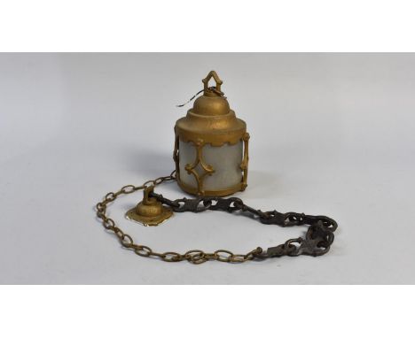A Gilt Metal Ceiling Hanging Light Fitting of Lantern Form 