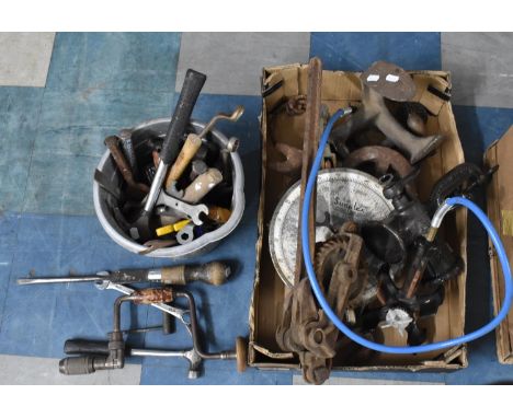 A Collection of Various Vintage Workshop Tools, Cast Iron Mincer, Silver Plate, Simplex Churn Recorder Scales, Shoe Lasts Etc