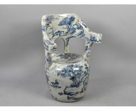 A Large Reproduction Chinese Blue and White Glazed Ceramic Armchair Seat 