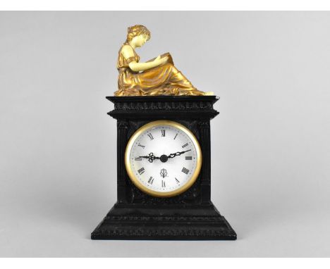 A Resin Mantel Clock in the Form of a Slate Clock of Architectural From with Top Finial of Classical Maiden Reading Book, Chi