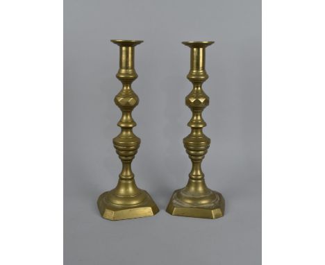 A Pair of Brass Candlesticks, Have Been Converted to Lamp Bases, No Fittings, 35cms High 