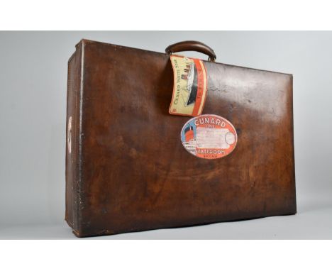 A Vintage Leather Travelling Case with Cunard Baggage Sticker and Tag for Cunard White Star to Europe, Tag Detailed for Mrs J