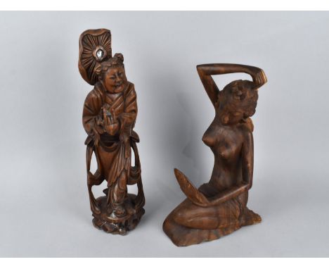 A Chinese Wooden Carving of Immortal (AF) together with a Far Eastern Carving of a Nude Lady Admiring Herself in Mirror, Tall