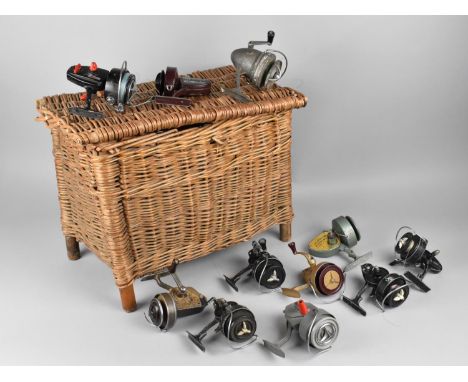 A Vintage Fishing Creel (Condition Issues) Containing Various Vintage Fishing Reels to include Intrepid Continental, Intrepid