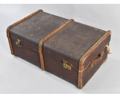 A Vintage Canvas and Wooden Travelling Trunk, 83cms Wide 