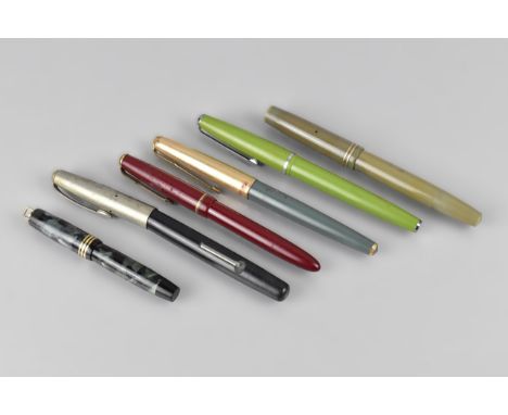 A Collection of Six Vintage Fountain Pens to Comprise a Green and Black Marbled Cased 18ct Nibbed Gold Starry Fountain Pen, T