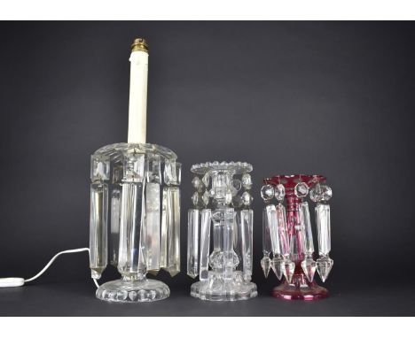 Three Various Glass Lustres to Comprise Victorian Cranberry Overlaid Glass, Plain Glass and a Later Lamp Base (Condition Issu
