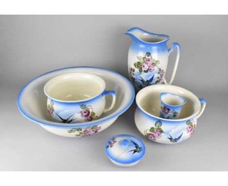 A Mid 20th Century Ceramic Toilet Set to Comprise Wash Bowl, Jug, Two Toilet Bowls, Pot and Lidded Soap Dish (Some Condition 