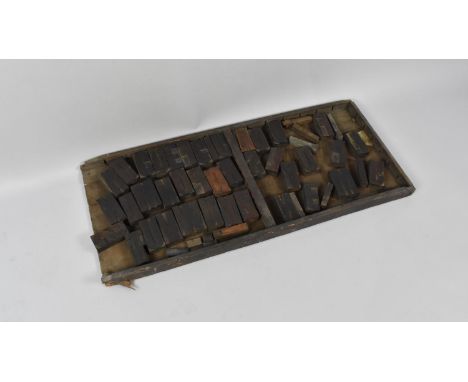 A Vintage Tray Containing Letter Press Wooden Printing Blocks, Some Condition Issues to Tray Etc, Tray 82cs Wide by 36.5cms D