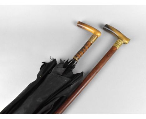 An Edwardian Horn Handled Walking Stick with Gilt Metal Collar having Presentation Inscription Dated May 14 1905, together wi