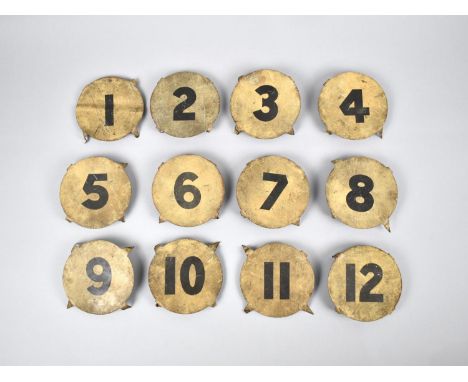 A Set of Twelve Vintage Tin Plate Painted Clock Golf Markers, 1-12, 8cms Diameter 