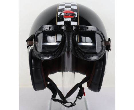 LS2 Fiberglass open Face Motorcycle Racing Helmet, gloss black shell, black & white checkered stripe, complete with a set of 