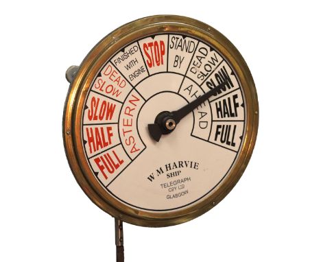 An early 20th Century brass Ships Engine Room Telegraph, with enamel circular dial W M Harvie Ship Telegraph CoY Ltd Glasgow,