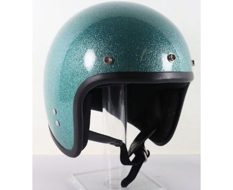 Vintage Japanese Shoei open Face Motorcycle Helmet, circa 1970s, lacquered metallic turquoise paint finish, Size XL in excell