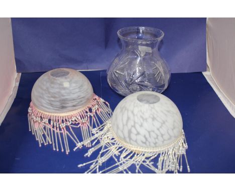 Two vintage glass lamp shades  and a cut glass oil lamp shade. 