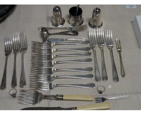 A job lot of plated flatware to include a hallmarked silver spoon 