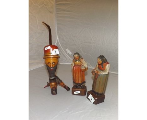PAIR OF BAVARIAN  CARVED WOODEN LADIES 7" TALL & PIPE ON A STAND
