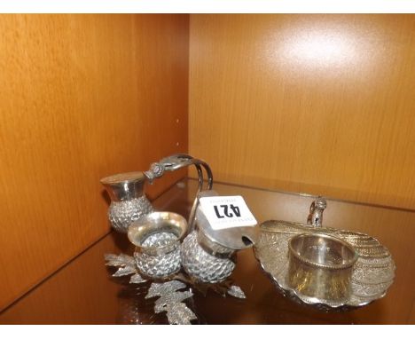 SILVER PLATED CRUET THISTLE DESIGN & PLATED OYSTER DISH,NAPKIN RING 