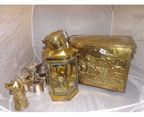 BRASS LOG BOX & A  DAMAGED SHIPS LAMP ETC [£10- £20]