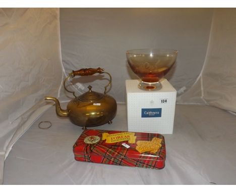  BRASS KETTLE TIN OF CUTLERY ,CAITHNESS GLASS BOWL